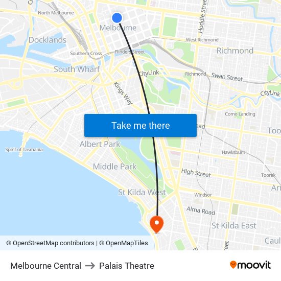 Melbourne Central to Palais Theatre map