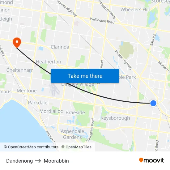 Dandenong to Moorabbin map
