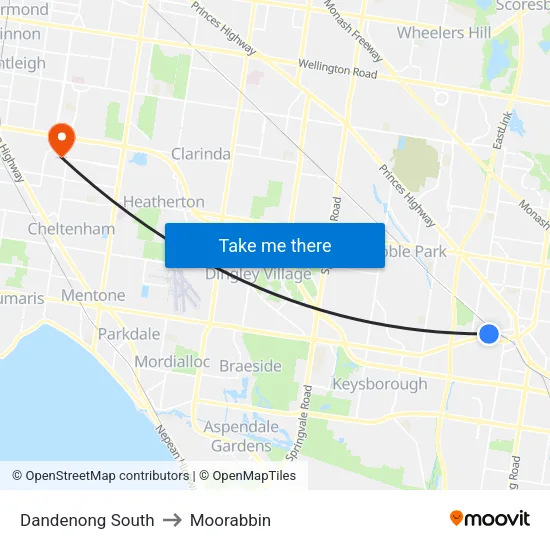 Dandenong South to Moorabbin map