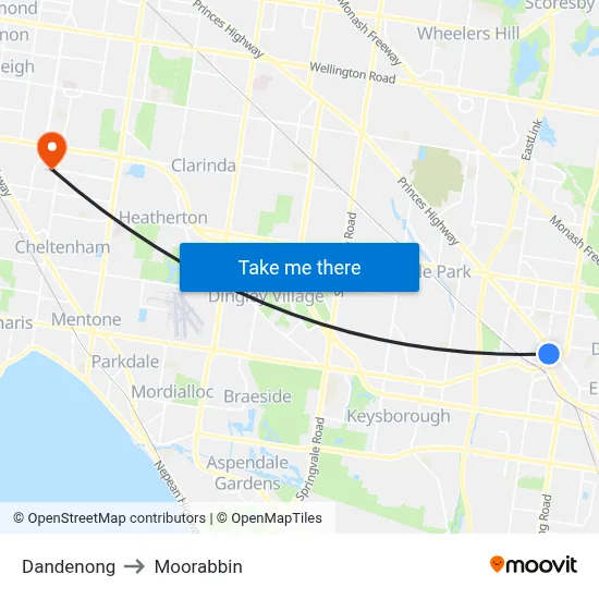 Dandenong to Moorabbin map