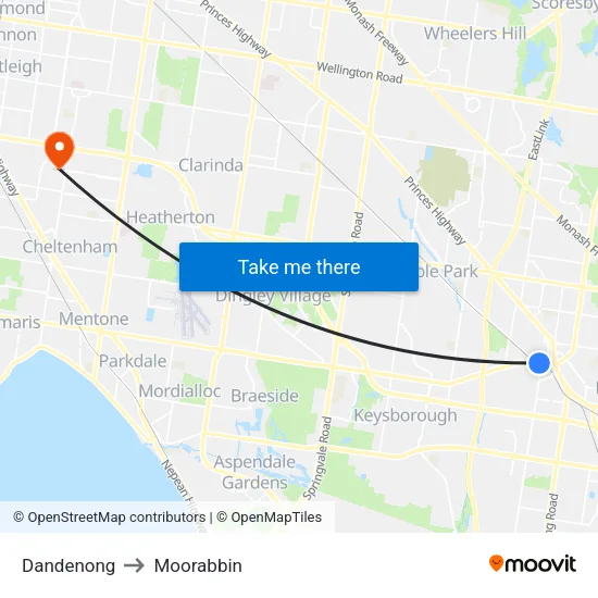 Dandenong to Moorabbin map