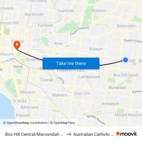 Box Hill Central/Maroondah Hwy (Box Hill) to Australian Catholic University map