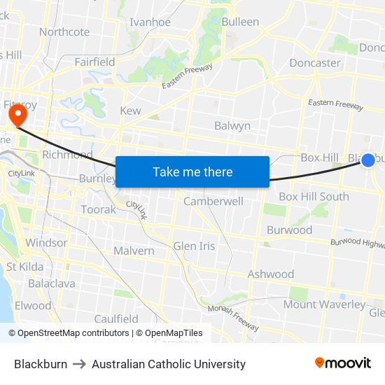 Blackburn to Australian Catholic University map