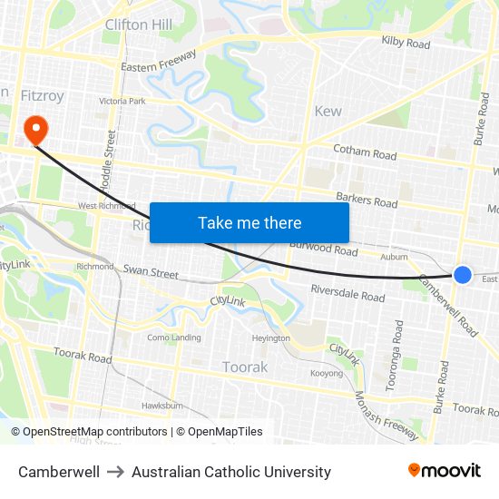 Camberwell to Australian Catholic University map