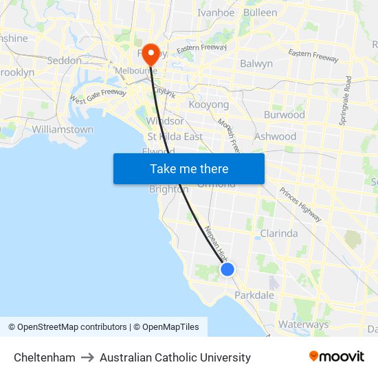 Cheltenham to Australian Catholic University map