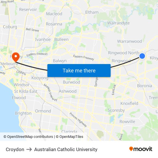 Croydon to Australian Catholic University map