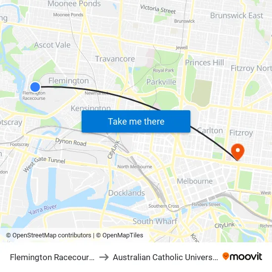 Flemington Racecourse to Australian Catholic University map