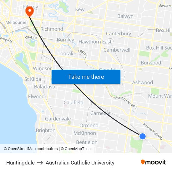 Huntingdale to Australian Catholic University map