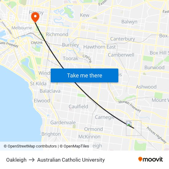 Oakleigh to Australian Catholic University map