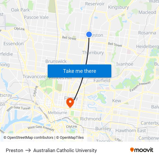 Preston to Australian Catholic University map