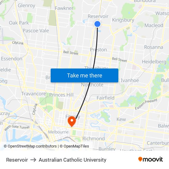 Reservoir to Australian Catholic University map