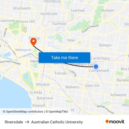 Riversdale to Australian Catholic University map