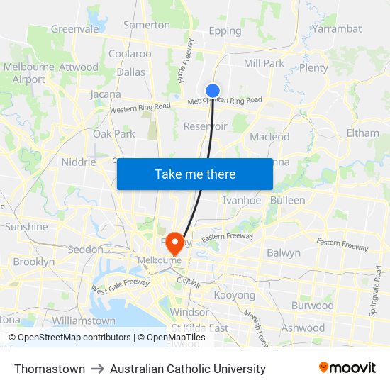 Thomastown to Australian Catholic University map