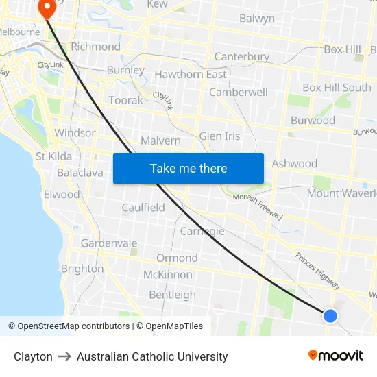 Clayton to Australian Catholic University map