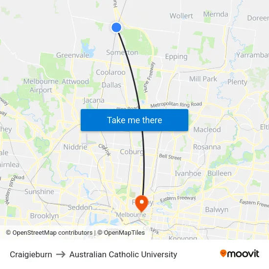 Craigieburn to Australian Catholic University map