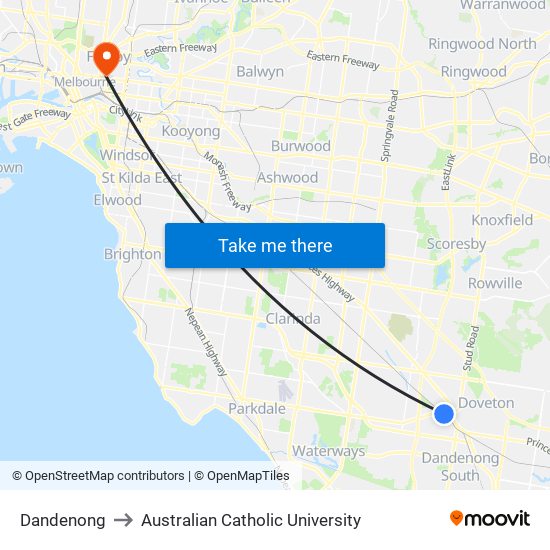 Dandenong to Australian Catholic University map