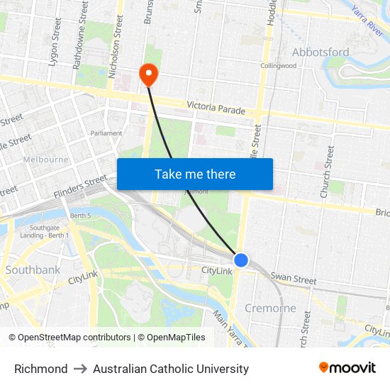 Richmond to Australian Catholic University map