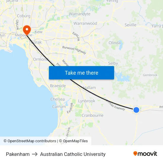 Pakenham to Australian Catholic University map