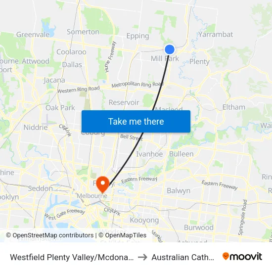 Westfield Plenty Valley/Mcdonalds Rd to Australian Catholic University map
