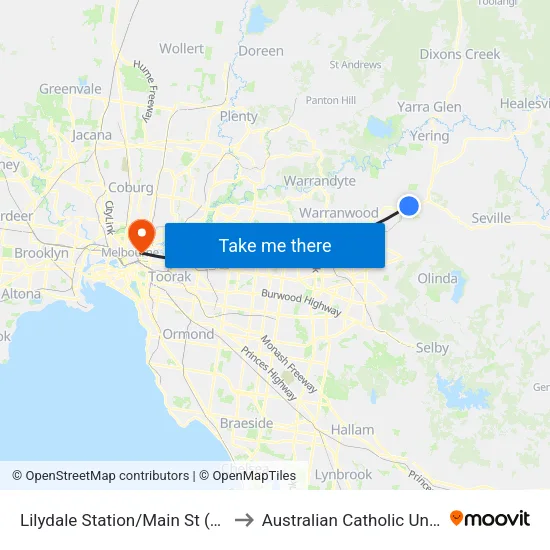 Lilydale Station/Main St to Australian Catholic University map