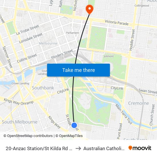 20-Anzac Station/St Kilda Rd (Melbourne City) to Australian Catholic University map