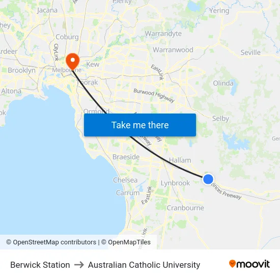 Berwick Station to Australian Catholic University map