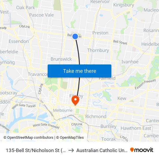 135-Bell St/Nicholson St (Coburg) to Australian Catholic University map