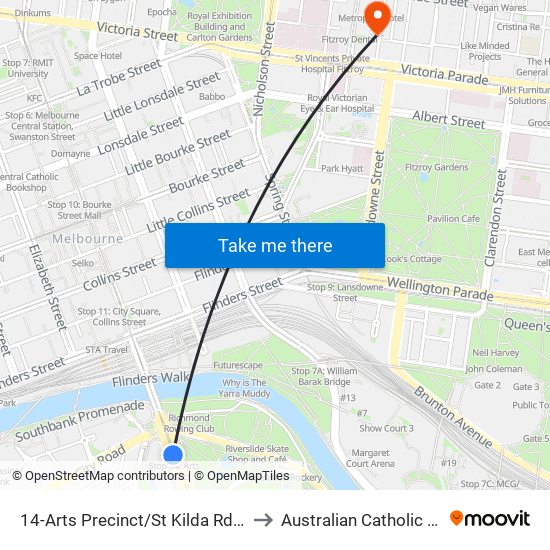 14-Arts Precinct/St Kilda Rd (Southbank) to Australian Catholic University map