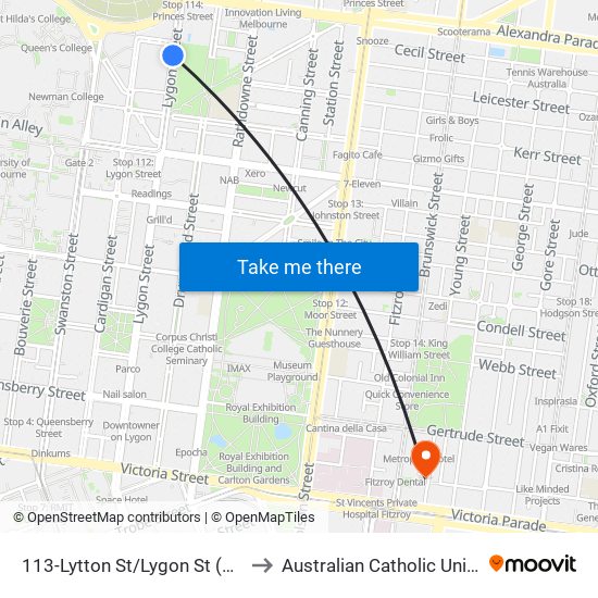 113-Lytton St/Lygon St (Carlton) to Australian Catholic University map