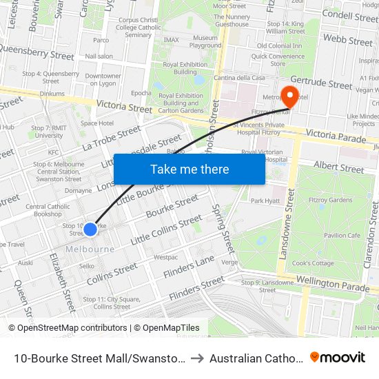 10-Bourke Street Mall/Swanston St (Melbourne City) to Australian Catholic University map