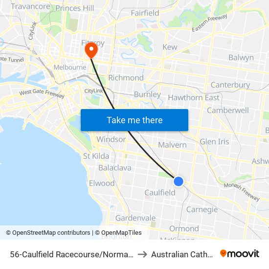 56-Caulfield Racecourse/Normanby Rd (Caulfield North) to Australian Catholic University map