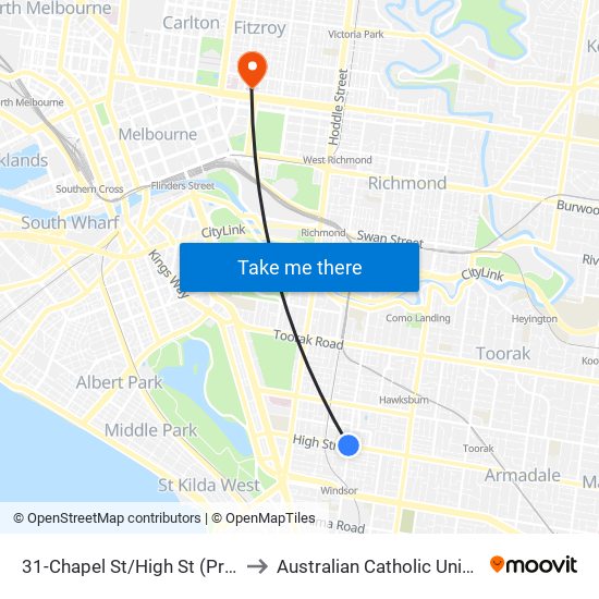 31-Chapel St/High St (Prahran) to Australian Catholic University map