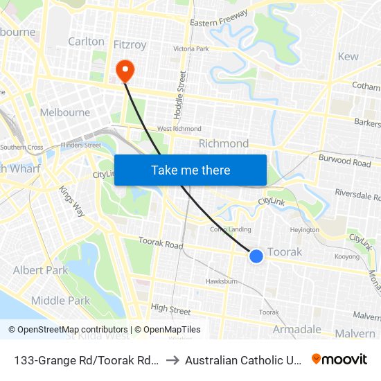 133-Grange Rd/Toorak Rd (Toorak) to Australian Catholic University map