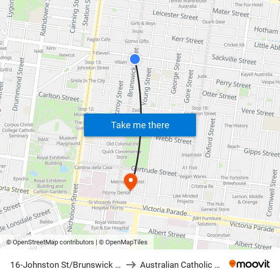 16-Johnston St/Brunswick St (Fitzroy) to Australian Catholic University map