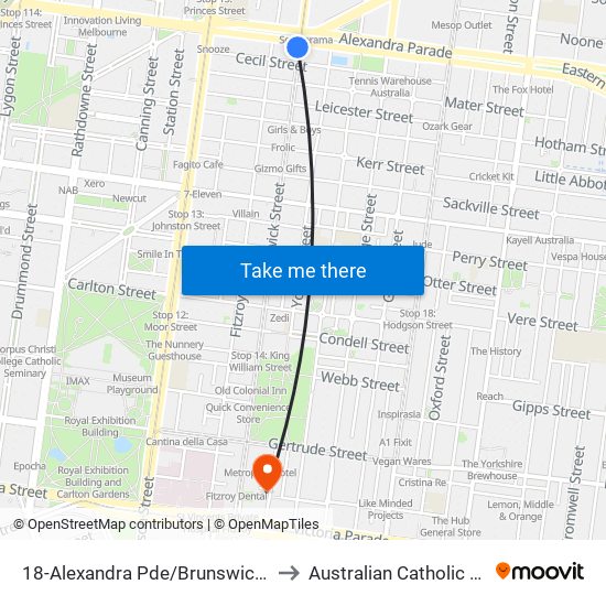 18-Alexandra Pde/Brunswick St (Fitzroy) to Australian Catholic University map