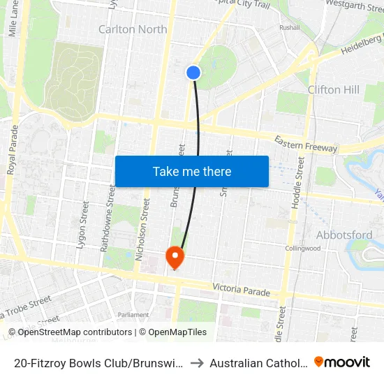 Fitzroy Bowls Club/Brunswick St #20 to Australian Catholic University map