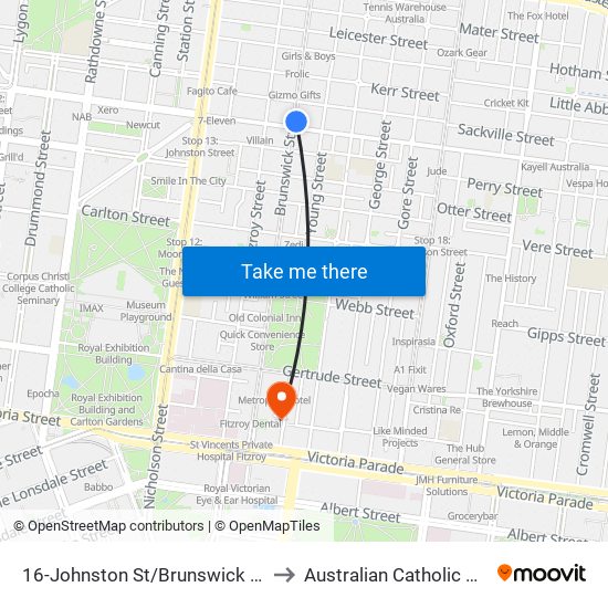 16-Johnston St/Brunswick St (Fitzroy) to Australian Catholic University map