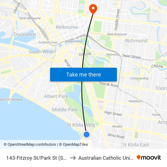 143-Fitzroy St/Park St (St Kilda) to Australian Catholic University map