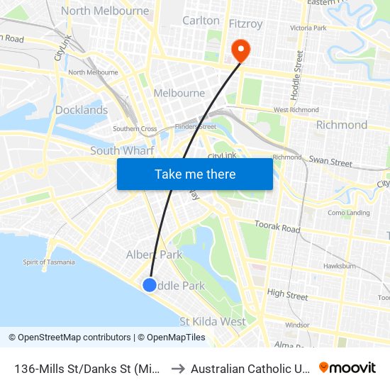 136-Mills St/Danks St (Middle Park) to Australian Catholic University map