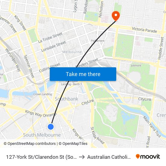 127-York St/Clarendon St (South Melbourne) to Australian Catholic University map