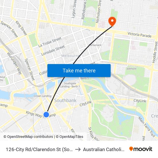 126-City Rd/Clarendon St (South Melbourne) to Australian Catholic University map