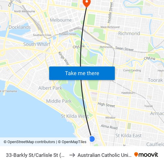 33-Barkly St/Carlisle St (St Kilda) to Australian Catholic University map