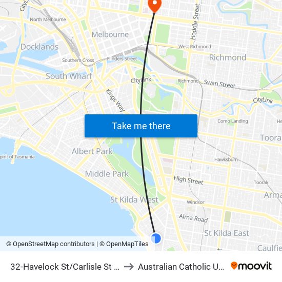 32-Havelock St/Carlisle St (St Kilda) to Australian Catholic University map