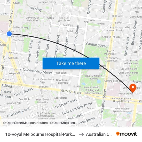 10-Royal Melbourne Hospital-Parkville Station/Royal Pde (Melbourne City) to Australian Catholic University map