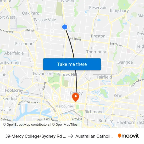 Mercy College/Sydney Rd #39 to Australian Catholic University map