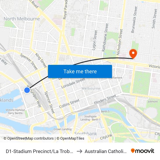 D1-Stadium Precinct/La Trobe St (Docklands) to Australian Catholic University map
