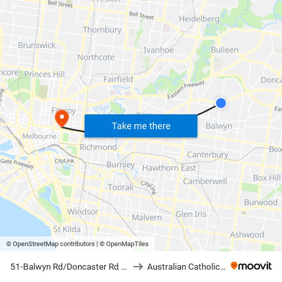 51-Balwyn Rd/Doncaster Rd (Balwyn North) to Australian Catholic University map