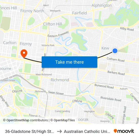 Gladstone St/High St #36 to Australian Catholic University map