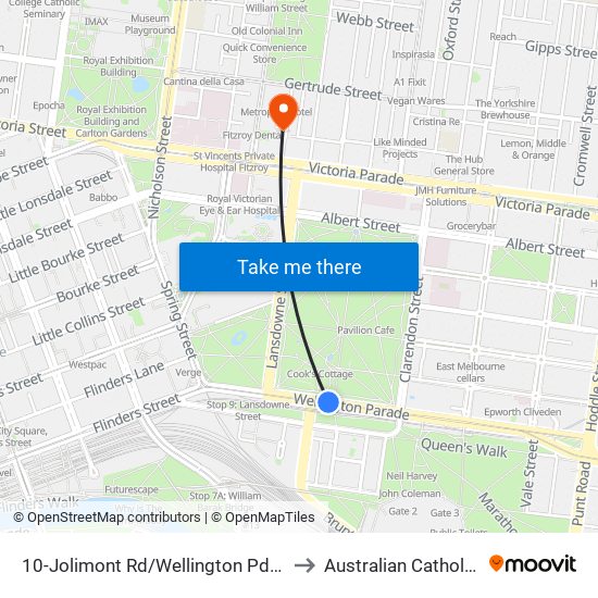 10-Jolimont Rd/Wellington Pde (East Melbourne) to Australian Catholic University map