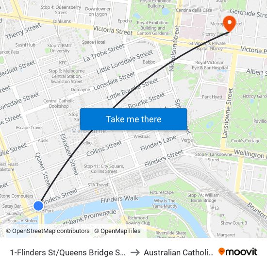 1-Flinders St/Queens Bridge St (Melbourne City) to Australian Catholic University map